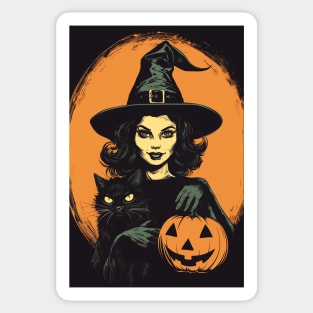 Vintage Retro Halloween Witch with Black Cat and Jack-O-Lantern Sticker